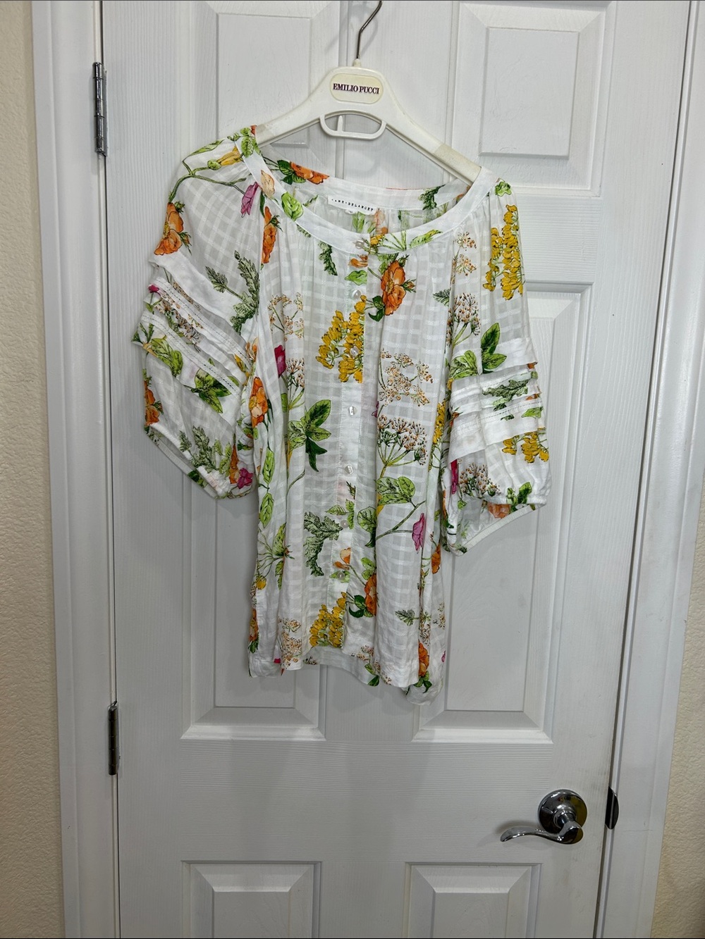 Jane and Delancey White Floral Puff-Sleeve Blouse with Green and Yellow Accents